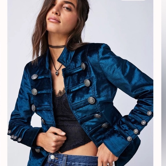 Free People Fitted Velvet Military Jacket XS, NWOT, Marine Blue - Picture 1 of 12